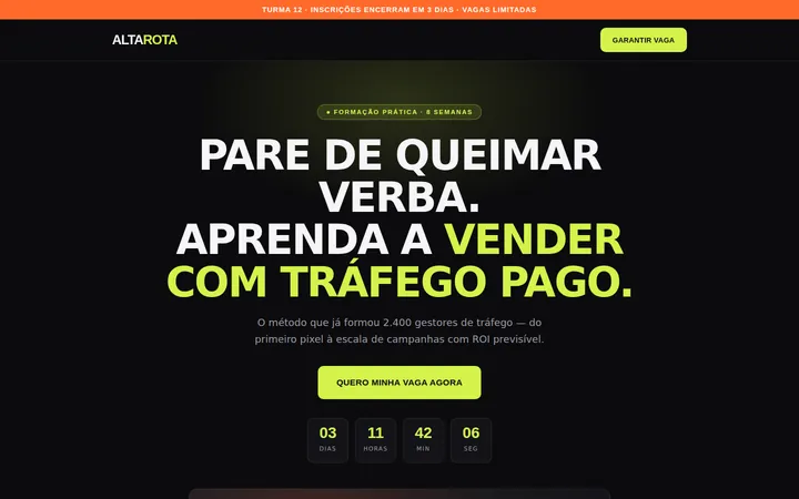 Página do projeto conceitual Curso Alta Rota, uma landing page escura com destaque em verde-limão.