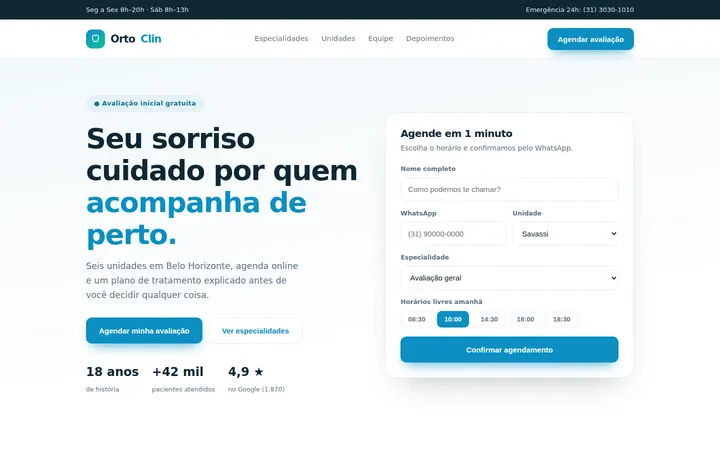 Página inicial do projeto conceitual OrtoClin, um site de clínica odontológica em azul e branco com formulário de agendamento.