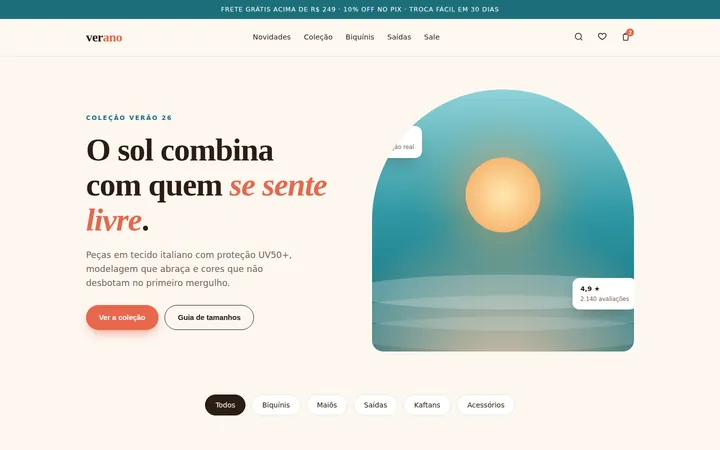 Página inicial do projeto conceitual Loja Verano, uma loja de moda praia em tons de areia e coral.